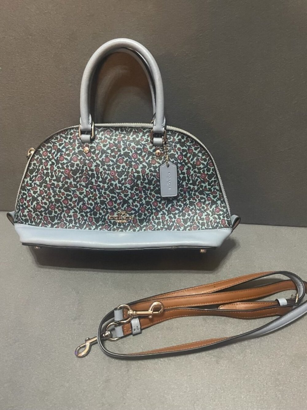 Coach Floral Bag Light Blue Coated Canvas Leather Strap